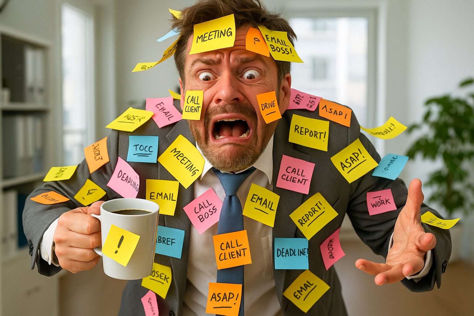 Cena hiper-realista de um escritório corporativo em São Paulo: um executivo soterrado por papéis e post-its mostra estresse, enquanto um colega relaxado segura uma planta e sorri. Ao fundo, parte da equipe está tensa com café derramado e outros celebram vitórias, simbolizando como pequenas mudanças geram grandes impactos no bem-estar no trabalho.