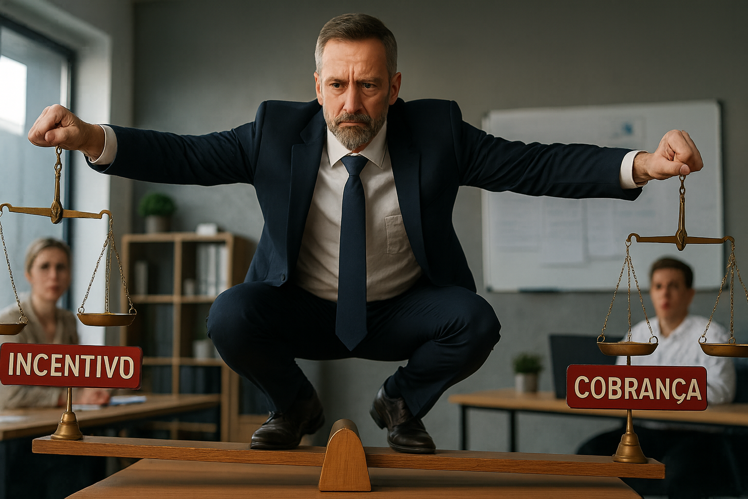 Líder corporativo equilibrando simbolicamente cobrança e incentivo em uma sala de reuniões moderna em São Paulo, representando a balança secreta da liderança que gera confiança e resultados.