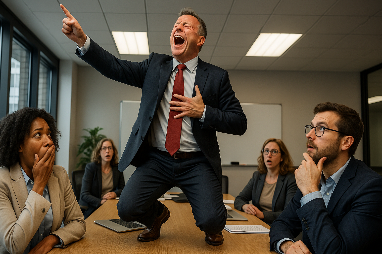 Executivo de terno chora dramaticamente em cima da mesa de reunião, enquanto colegas reagem de forma exagerada com aplausos, choque e humor, representando de forma provocadora a coragem de falar de emoções nas empresas.