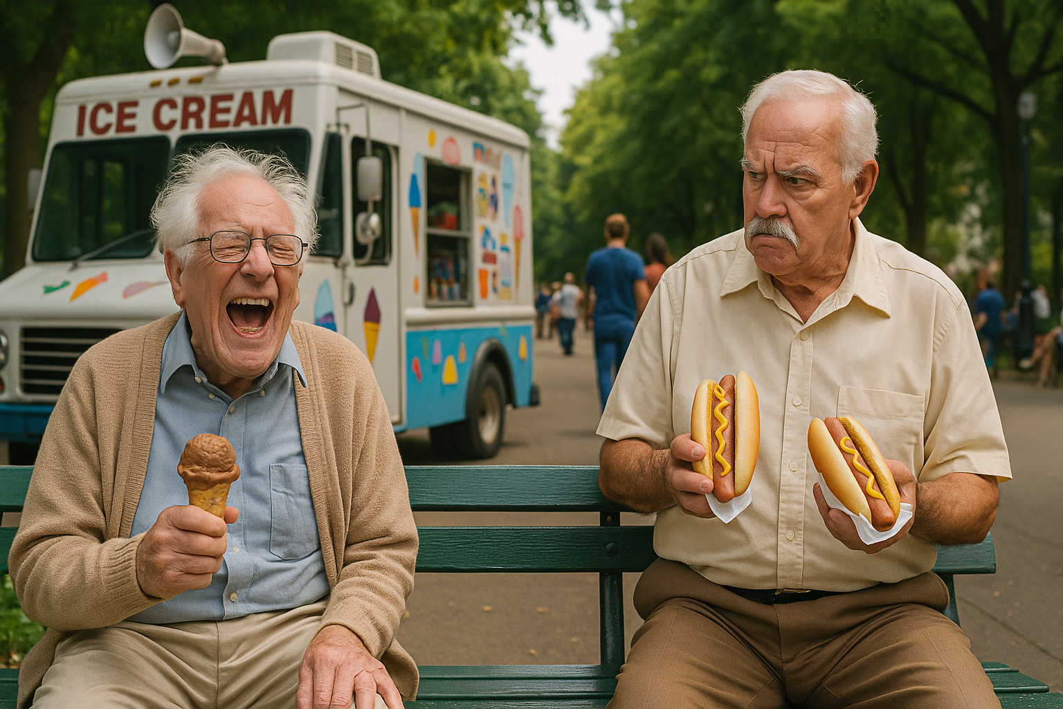 Dois idosos em um banco de praça: um rindo com um sorvete de chocolate na mão e outro confuso, segurando dois hot dogs, com um caminhão de sorvetes ao fundo.