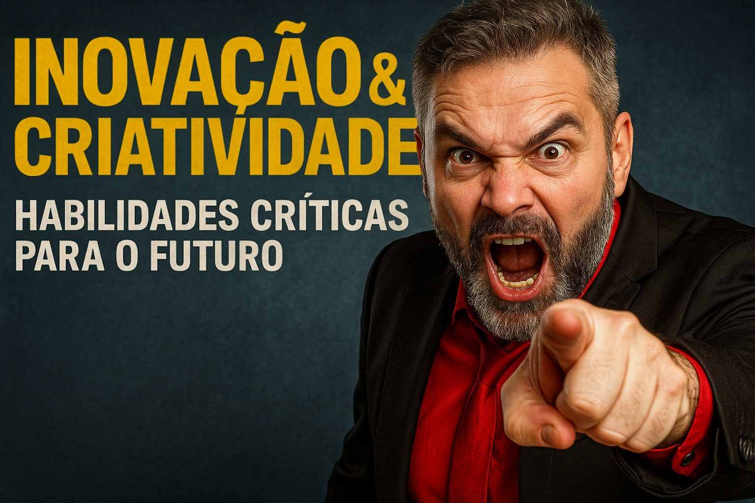 Homem de terno preto e camisa vermelha, com expressão intensa e dedo apontado para a câmera, ao lado da frase “Inovação e Criatividade: Habilidades Críticas para o Futuro”.