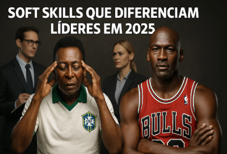 Fotografia hiper-realista em 21:9 mostrando quatro líderes em um escritório moderno, cada um representando uma soft skill: planejamento mental, disciplina de campeão, visão estratégica multicultural e inspiração coletiva.