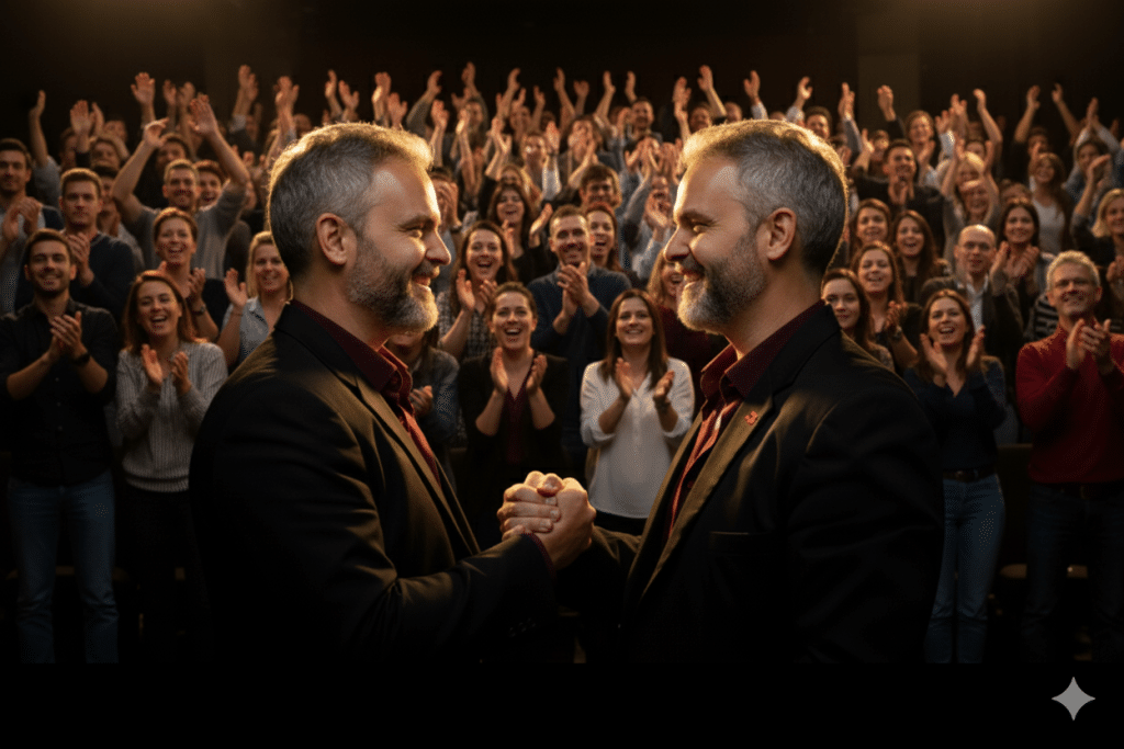 Dois homens idênticos, com cabelos grisalhos e barba, vestidos com blazers escuros e camisas vinho, se olham sorrindo e apertam as mãos em um fundo escuro com um halo dourado ao redor de suas cabeças.