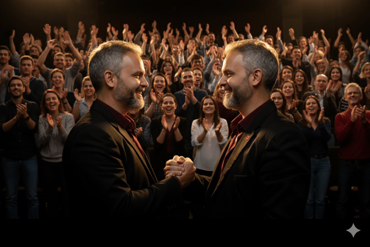 Dois homens idênticos, com cabelos grisalhos e barba, vestidos com blazers escuros e camisas vinho, se olham sorrindo e apertam as mãos em um fundo escuro com um halo dourado ao redor de suas cabeças.