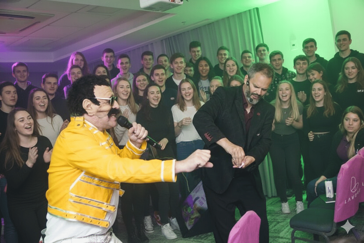 Um imitador de Freddie Mercury de jaqueta amarela canta em um microfone ao lado de um homem barbudo de blazer escuro, que realiza um truque de mágica. Um grupo de jovens sorridentes e aplaudindo está ao fundo.