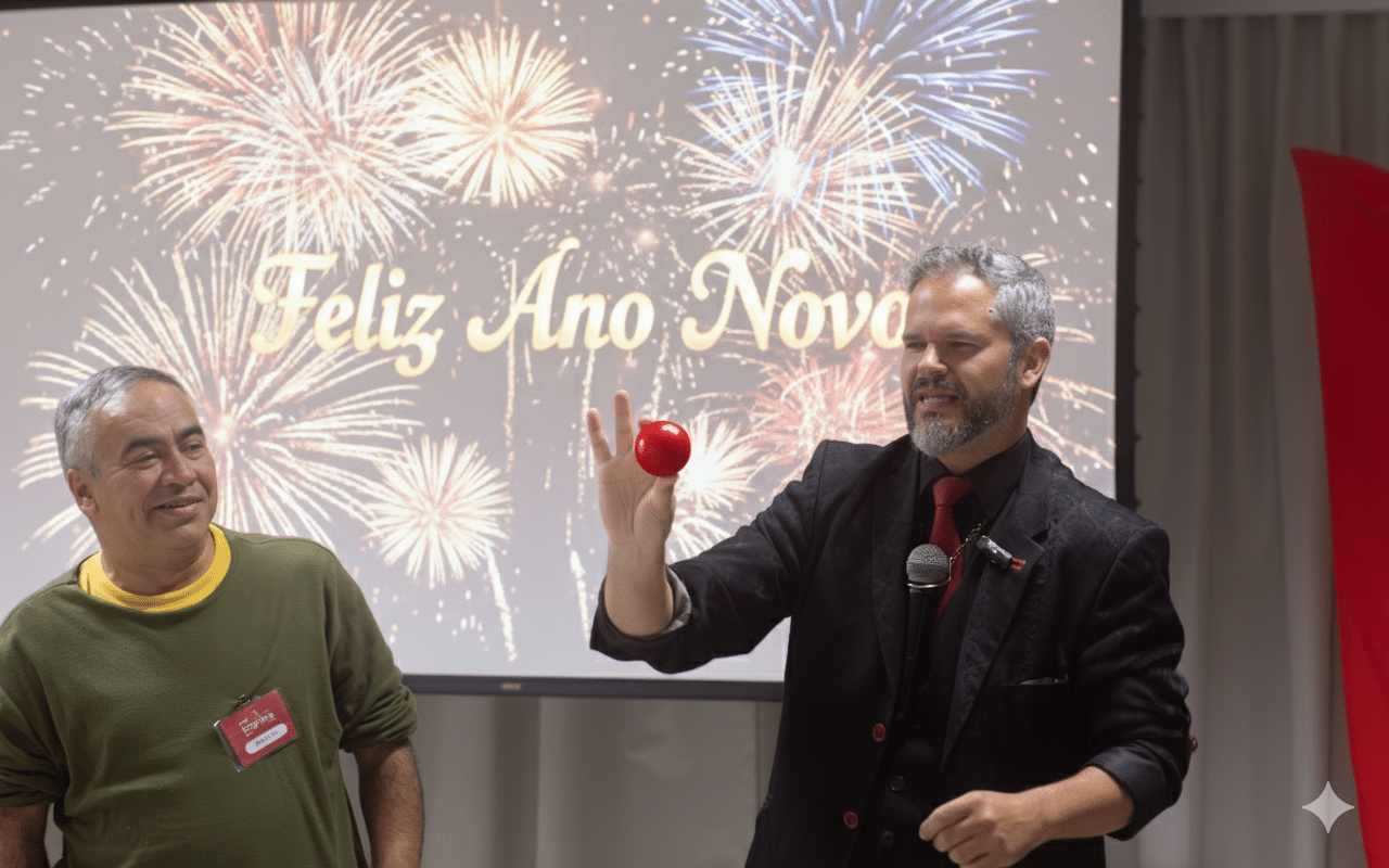 Dois homens em frente a uma tela com fogos de artifício e a mensagem “Feliz Ano Novo”; um deles segura uma bolinha vermelha como parte de uma apresentação mágica.