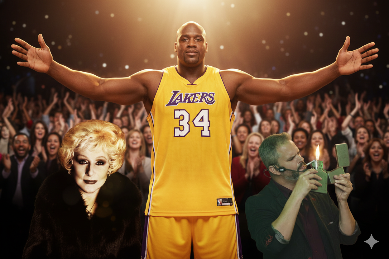 Uma cena vibrante com Shaquille O'Neal ao centro, vestindo seu uniforme dos Lakers com os braços abertos, ladeado por Mary Kay no canto inferior esquerdo e Paul & Jack (um homem com um isqueiro aceso e um microfone de cabeça) no canto inferior direito. Uma multidão aplaude ao fundo sob uma iluminação dramática.