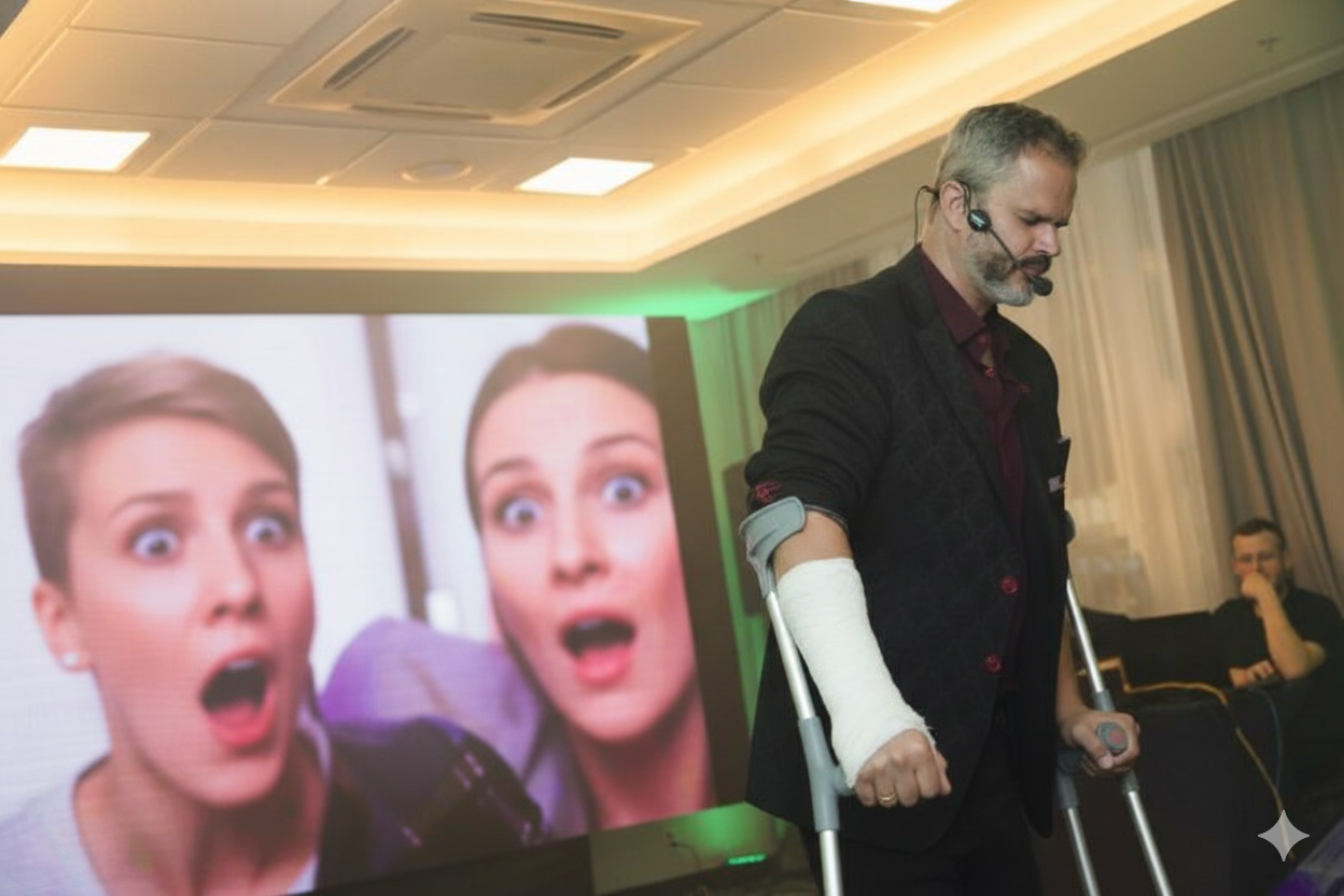 A foto mostra o palestrante Paul & Jack durante uma apresentação. Ele está usando muletas e tem o braço direito engessado, transmitindo uma imagem forte e inesperada ao entrar no palco. No fundo, um telão exibe o rosto de duas mulheres com expressões de choque e surpresa, amplificando o impacto cênico da entrada. O cenário sugere uma palestra dinâmica, onde a performance e a emoção são elementos centrais da mensagem.