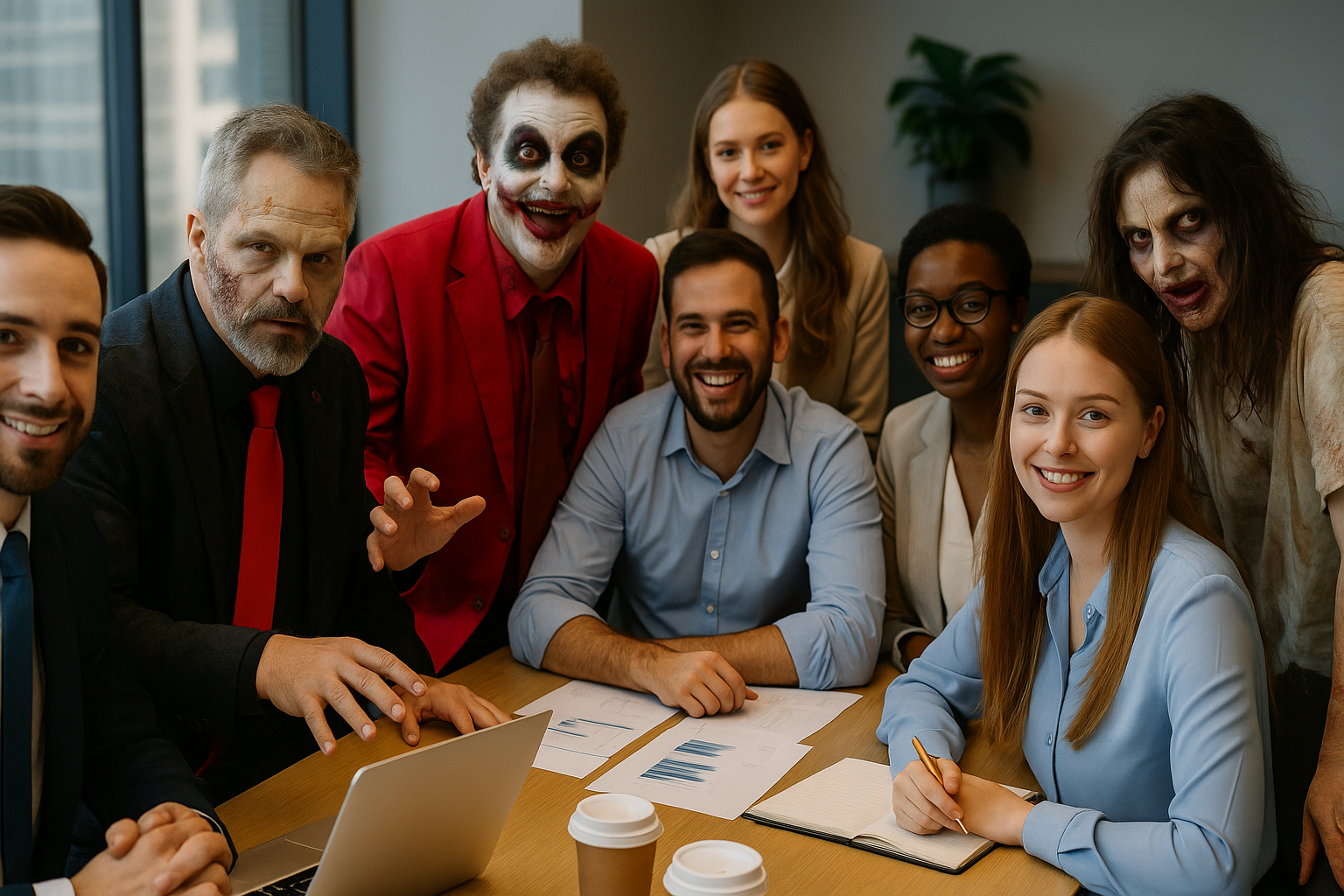 Equipe de escritório reunida em ambiente corporativo, com alguns membros caracterizados como zumbis entre os demais profissionais.