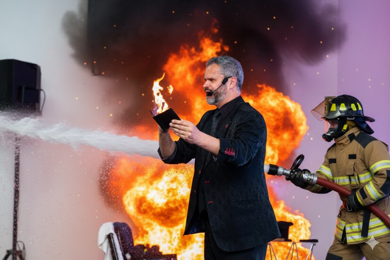 Um homem de terno preto segura um objeto em chamas na mão enquanto um grande incêndio irrompe ao fundo. Ao lado dele, um bombeiro em equipamento completo joga água com uma mangueira em direção ao fogo.
