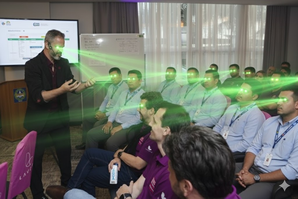 Um homem de terno escuro fala para uma plateia de homens de camisas azuis claras, todos com olhos verdes brilhantes de onde feixes de luz verde emanam, em uma sala de conferências com uma tela grande e um quadro branco.