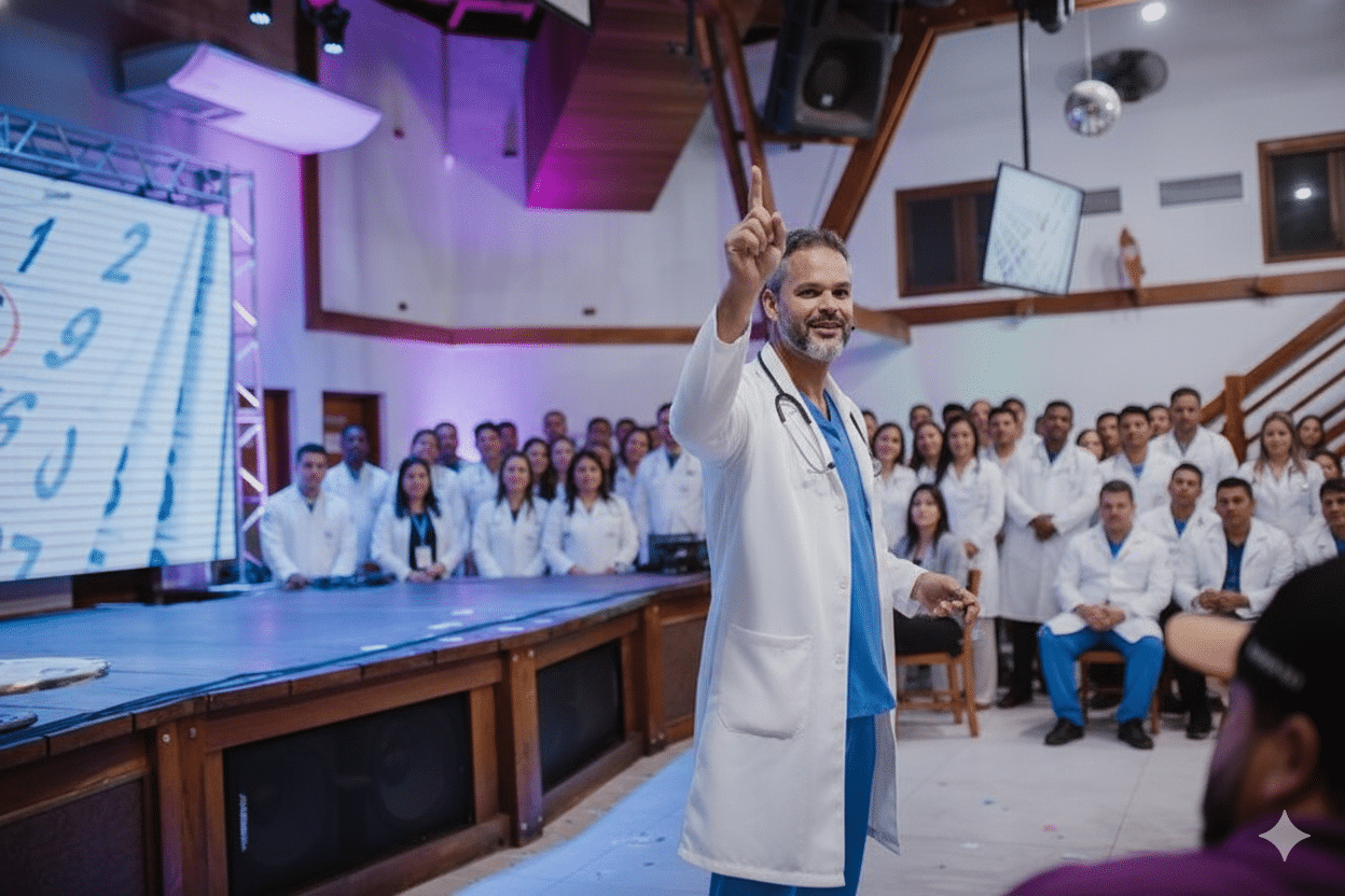 Um palestrante, vestido com um jaleco médico e estetoscópio, levanta um dedo enquanto sorri e fala para uma grande plateia de médicos sentados e em pé ao fundo, em um auditório com um palco e um telão digital.