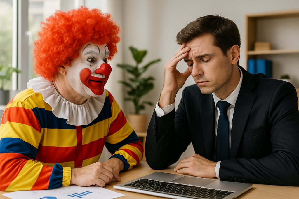Líder com maquiagem de palhaço Bozo, simbolizando a desconexão entre autoridade e seriedade, em ambiente corporativo.