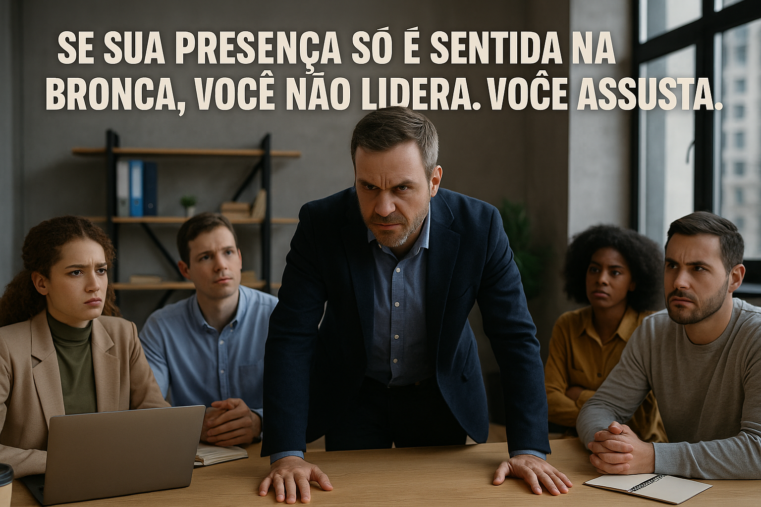 Gestor sério de terno azul escuro encara sua equipe em uma sala de reuniões enquanto os colaboradores observam atentos e tensos.