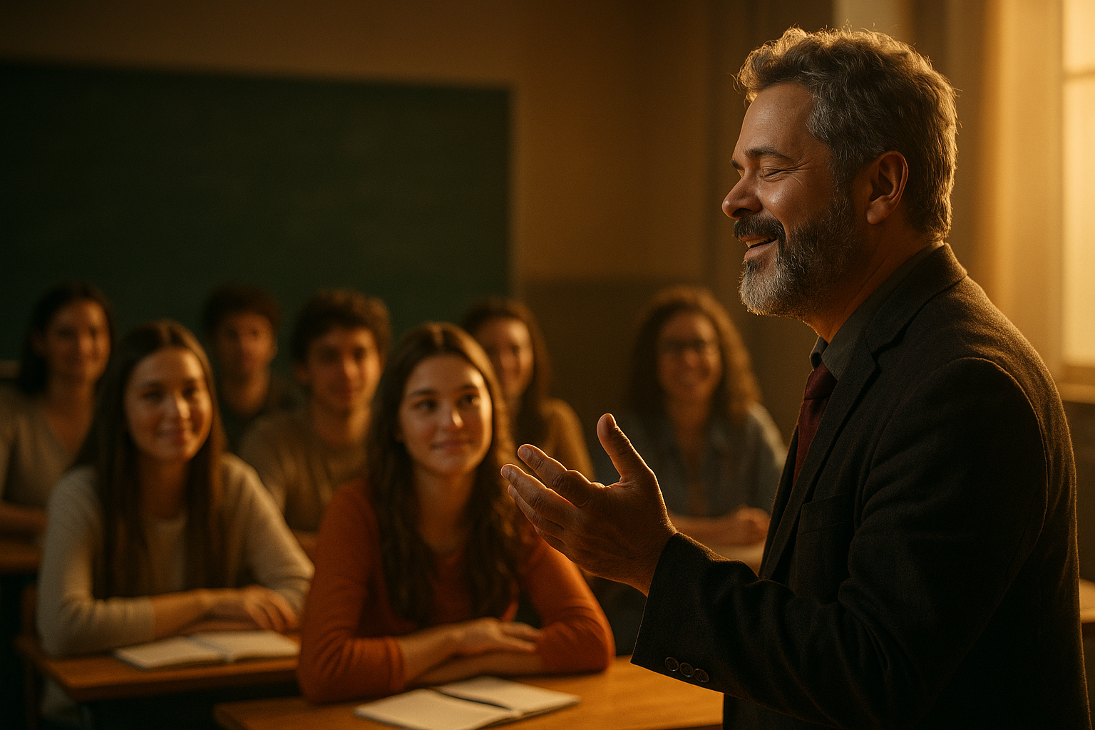 Palestrante em pé diante de uma plateia de professores em auditório iluminado por luz dourada, transmitindo emoção e inspiração durante uma palestra educativa.