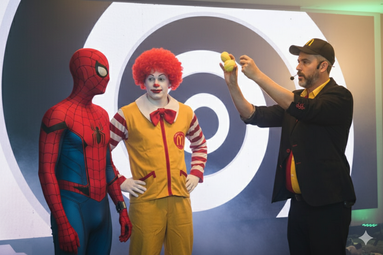 Três personagens no palco: o Homem-Aranha à esquerda, Ronald McDonald ao centro e um homem vestido com uniforme de atendente do McDonald's (camisa amarela, boné preto) segurando duas bolas amarelas. O fundo tem um padrão circular branco e cinza.