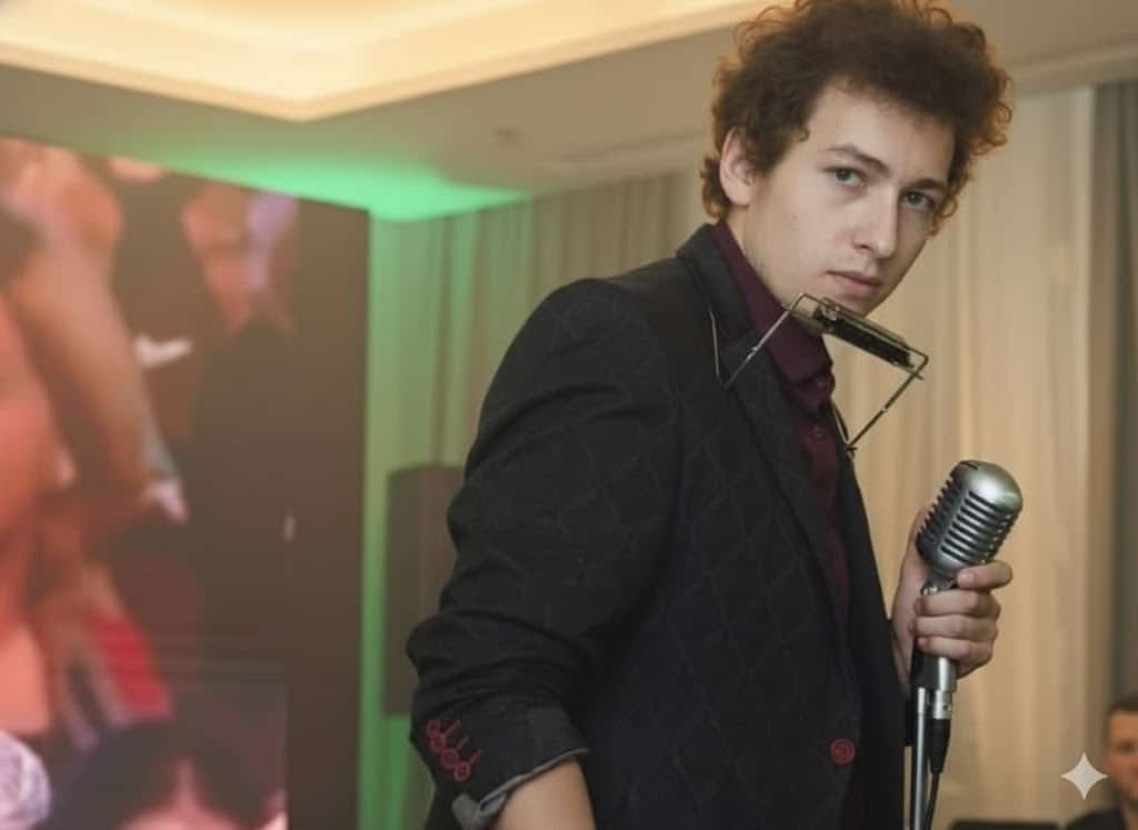 Jovem artista segurando microfone vintage e gaita no pescoço durante performance musical em evento corporativo, com fundo de telão e iluminação suave.