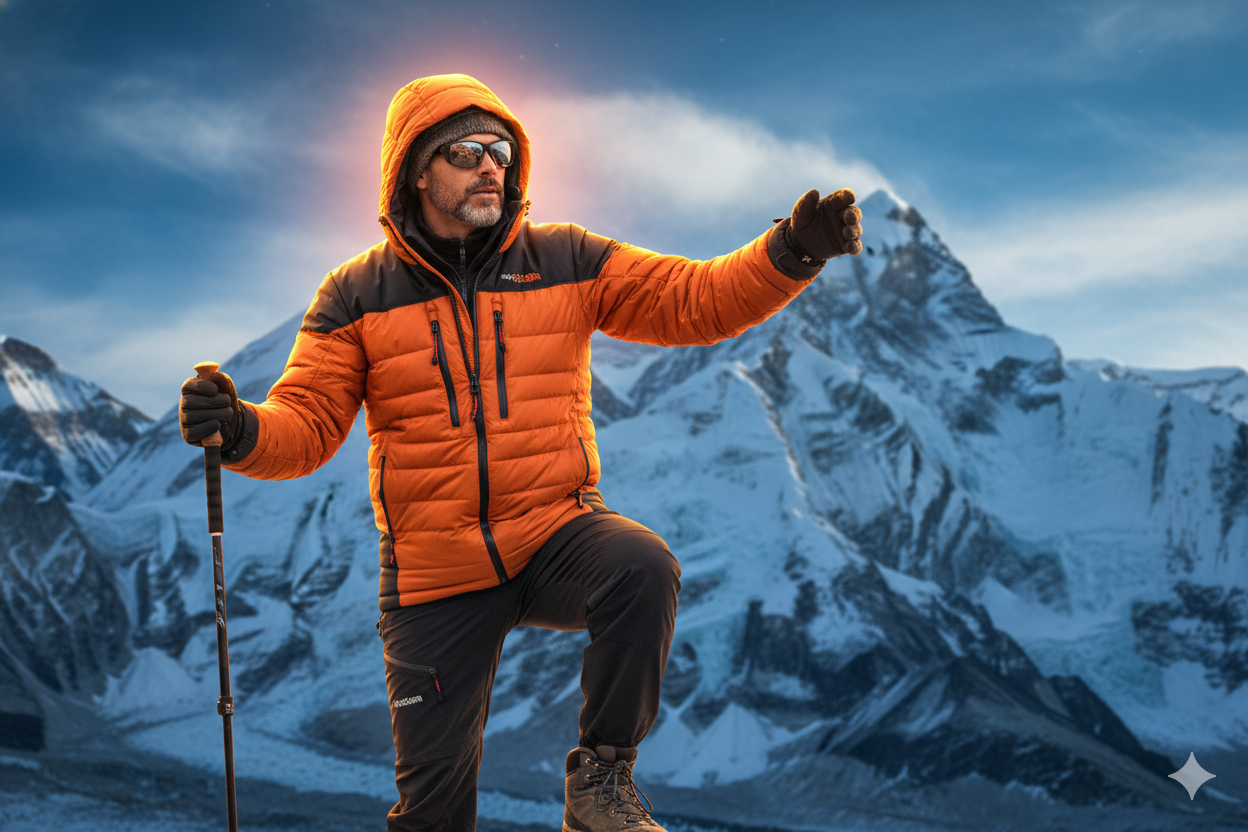 Homem de casaco laranja e óculos escuros escalando montanha coberta de neve, apontando para o horizonte ao nascer do sol.