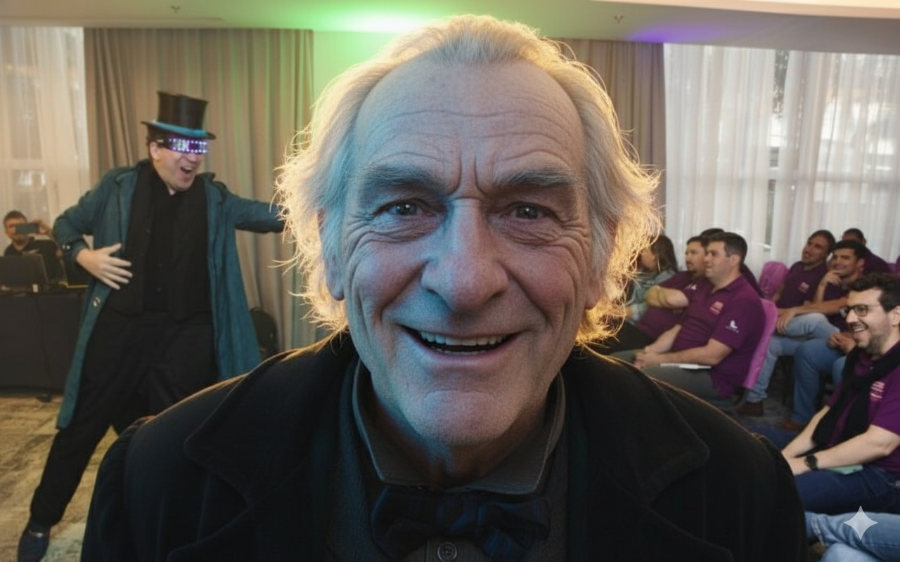 Um retrato dramaticamente iluminado de um homem mais velho, com cabelos grisalhos e um sorriso caloroso, em close-up.