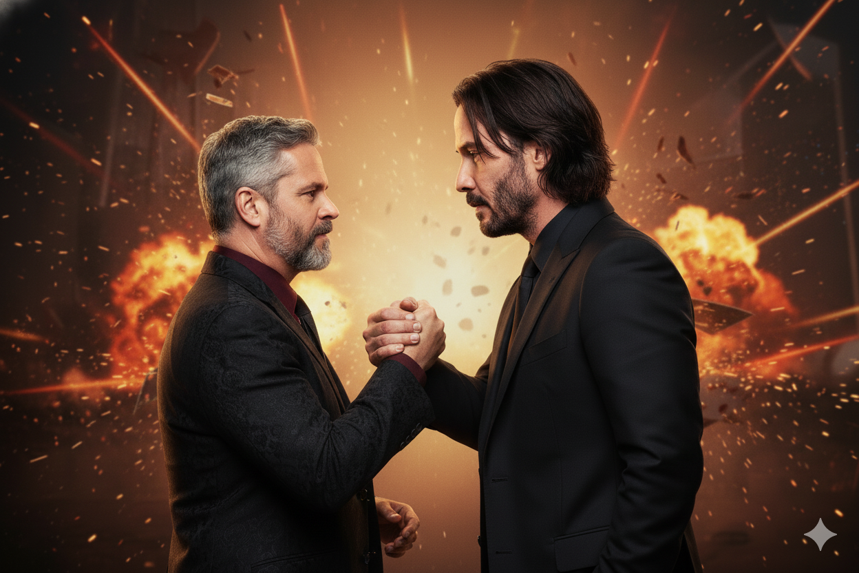 Um homem de cabelo e barba grisalhos, vestindo um terno, e John Wick (Keanu Reeves) se encaram de perfil enquanto dão um aperto de mãos firme, com um fundo caótico de explosões e faíscas.