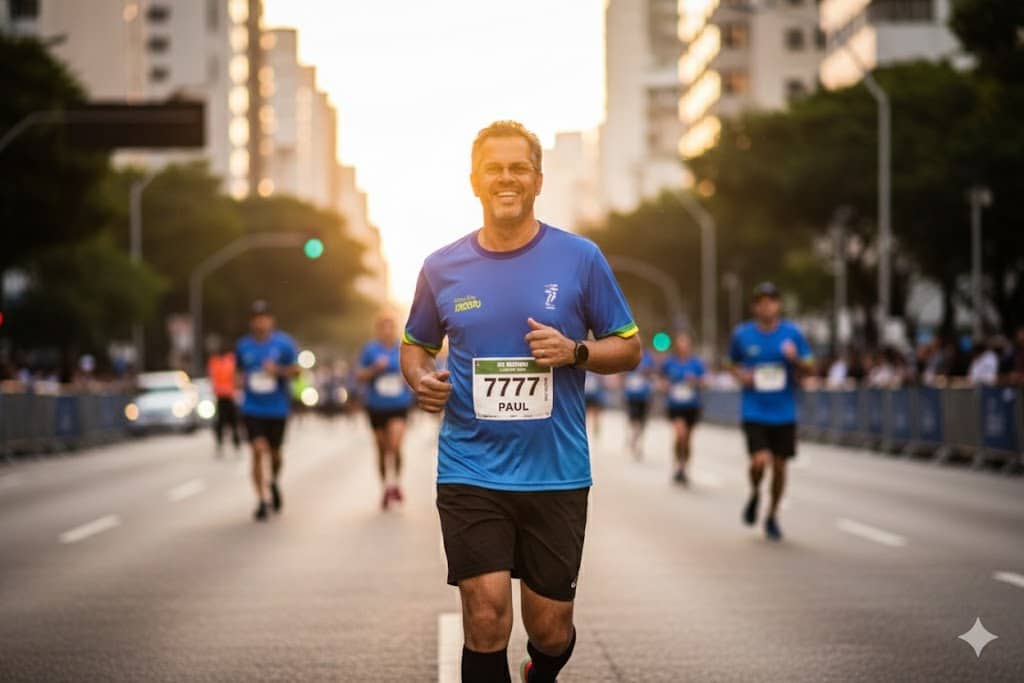 Homem correndo em uma rua larga durante uma prova de corrida ao ar livre, usando camiseta azul, short preto e número de peito 7777 com o nome Paul. A cena acontece ao pôr do sol, com prédios ao fundo, outros corredores acompanhando e luz dourada iluminando o atleta.
