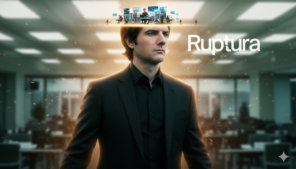 A imagem mostra um homem de terno preto em um ambiente de escritório com iluminação difusa. Ele está em primeiro plano, com um close em seu rosto e parte superior do corpo. Acima de sua cabeça, há uma representação surrealista de um cérebro como um ambiente de trabalho com várias telas e pequenas figuras humanas. A palavra "Ruptura" está escrita em branco à direita do homem. A iluminação é dramática, com um halo dourado ao redor de sua cabeça, sugerindo um efeito de contraluz. Partículas brilhantes parecem flutuar no ar. A cena transmite uma sensação de alta performance e produtividade, com uma estética cinematográfica.