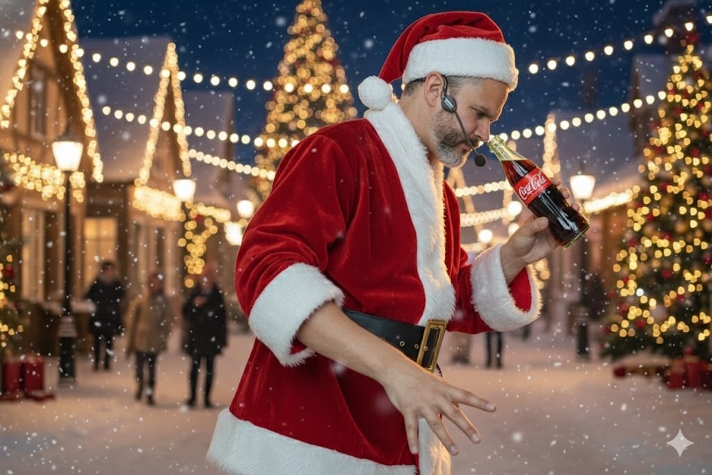 Homem vestido de Papai Noel segura uma garrafa de Coca-Cola em cenário natalino iluminado, representando o branding emocional da Coca-Cola.