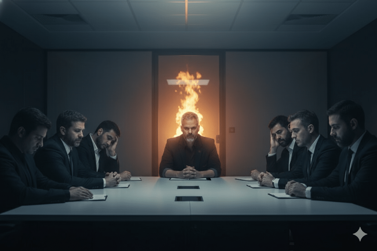 Reunião corporativa com seis profissionais desmotivados sentados à mesa, com expressões de cansaço, enquanto um homem ao centro encara a câmera com intensidade; atrás dele, uma porta iluminada por uma chama simbólica representa energia e transformação.