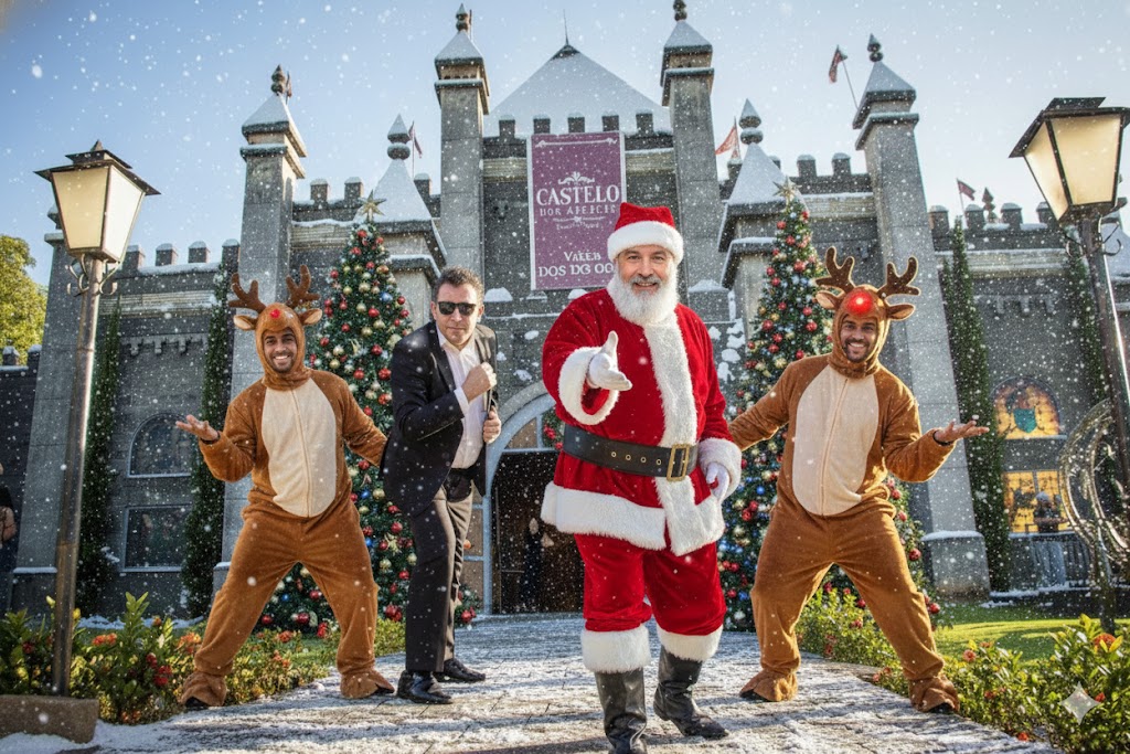 Três homens vestidos para o Natal em frente a um castelo. O homem do meio está vestido de Papai Noel com barba branca, roupa vermelha e gorro, apontando para frente. Os outros dois estão vestidos como renas, um à esquerda e outro à direita do Papai Noel. O fundo é um castelo de pedra com neve caindo, e há árvores de Natal decoradas e arbustos verdes com flores vermelhas ao longo de um caminho.