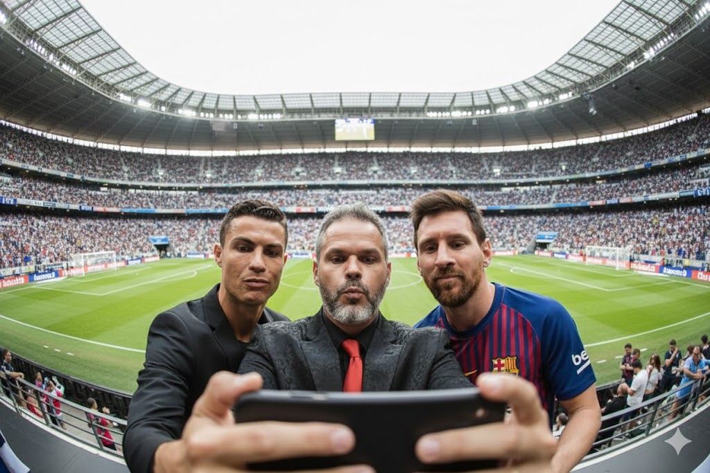 Selfie de fisheye 3D ultra-realista de três homens (um com barba grisalha e terno, e os jogadores de futebol Cristiano Ronaldo e Lionel Messi) tirando uma selfie com um smartphone. Todos estão fazendo caretas exageradas, com a língua para fora, enquanto posam ombro a ombro em um estádio de futebol cheio de torcedores sob um céu claro.