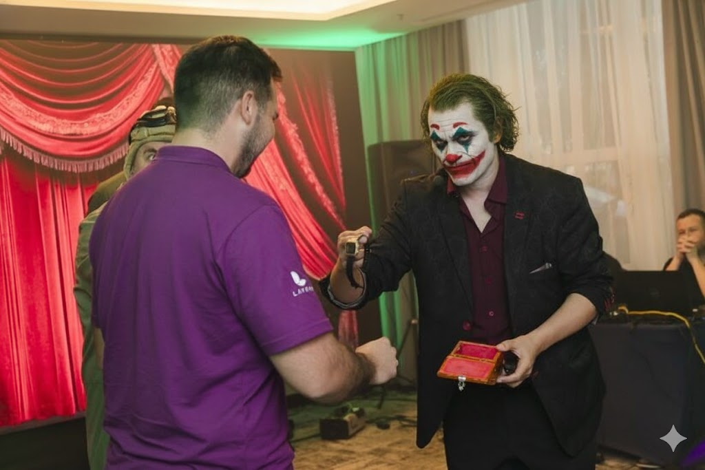Um homem maquiado como Coringa, usando terno preto e camisa bordô, sorri enquanto entrega um objeto a um homem de camisa roxa. Ele segura uma caixa vermelha aberta na outra mão. Ao fundo, cortinas vermelhas e verdes.