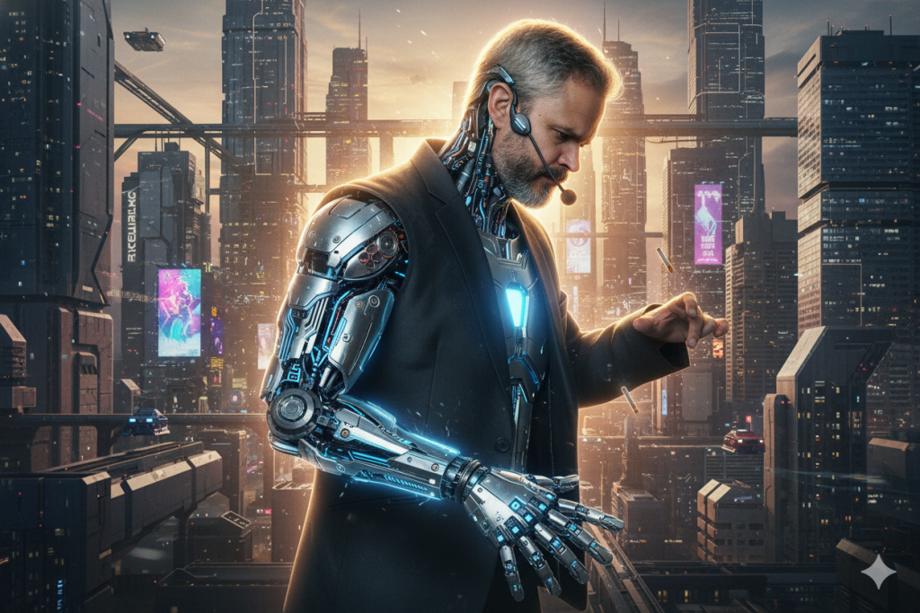 Um homem de perfil com cabelo e barba grisalhos, metade humano e metade androide, olha para sua mão robótica que brilha com luz azul. Ele está em uma varanda, com uma cidade futurista ao fundo, sob um céu de pôr do sol que cria um halo dourado em seu cabelo.