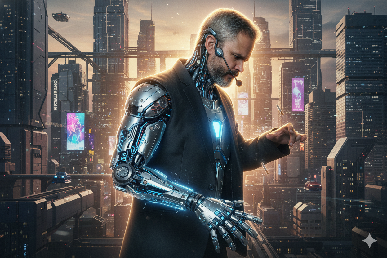 Um homem de perfil com cabelo e barba grisalhos, metade humano e metade androide, olha para sua mão robótica que brilha com luz azul. Ele está em uma varanda, com uma cidade futurista ao fundo, sob um céu de pôr do sol que cria um halo dourado em seu cabelo.