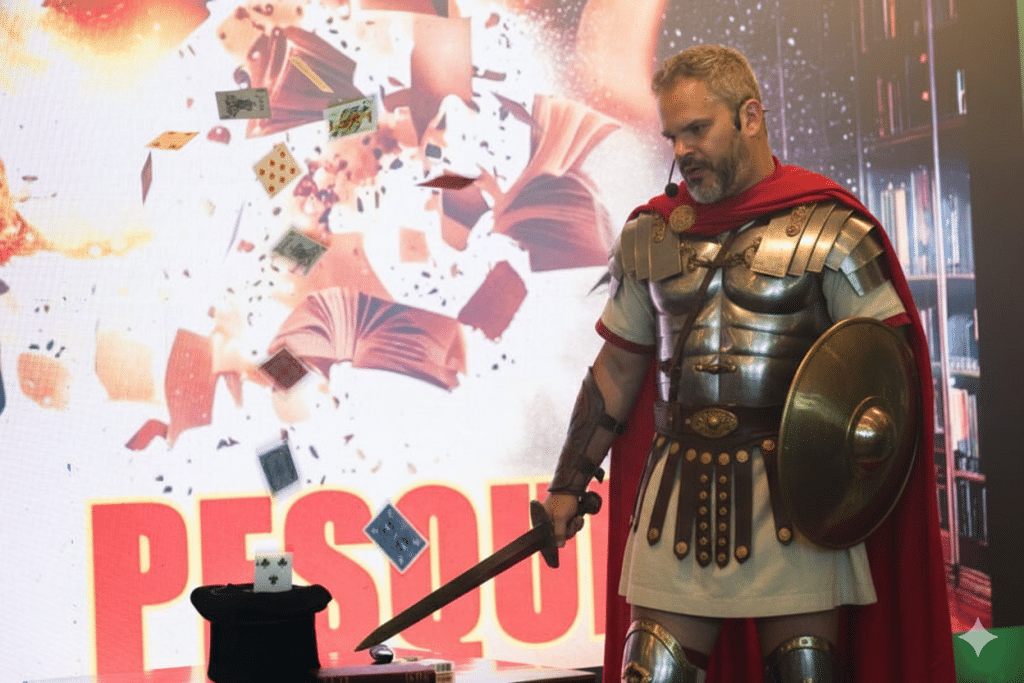 Homem em frente ao espelho vestindo terno, aplicando perfume com expressão confiante, simbolizando a ativação de um personagem de alta performance para vendas.