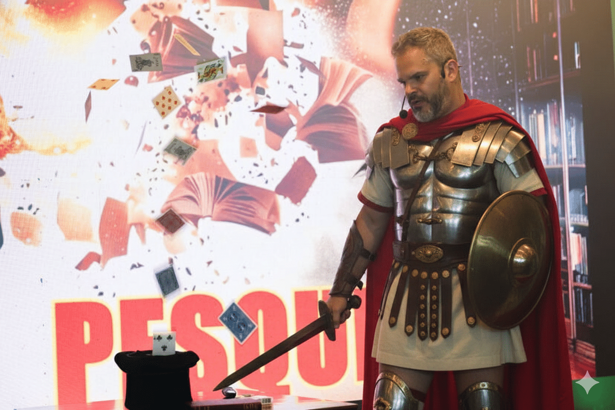 Homem em frente ao espelho vestindo terno, aplicando perfume com expressão confiante, simbolizando a ativação de um personagem de alta performance para vendas.