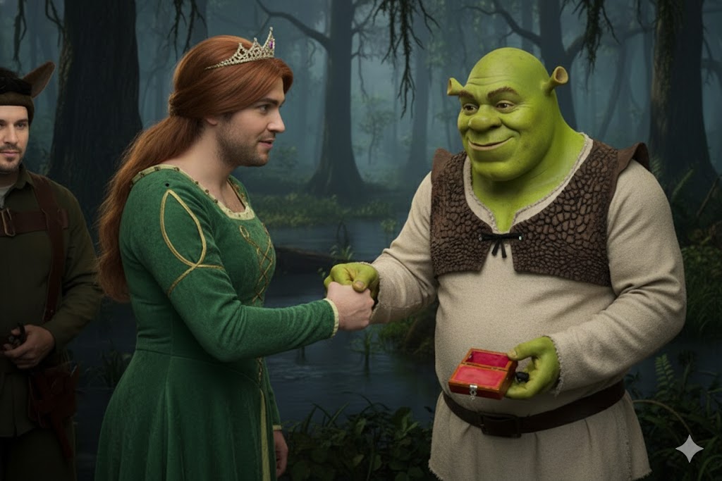 Shrek, o ogro verde, está de pé em uma floresta, sorrindo enquanto segura uma pequena caixa vermelha aberta. Ele aperta a mão de uma pessoa vestida como a princesa Fiona, que também sorri. Ao fundo, um homem fantasiado de Burro observa a cena.