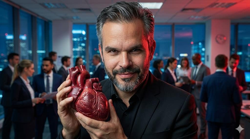 Homem de terno segurando um modelo anatômico de coração humano em escritório moderno, com colegas ao fundo e vista urbana noturna pela janela.