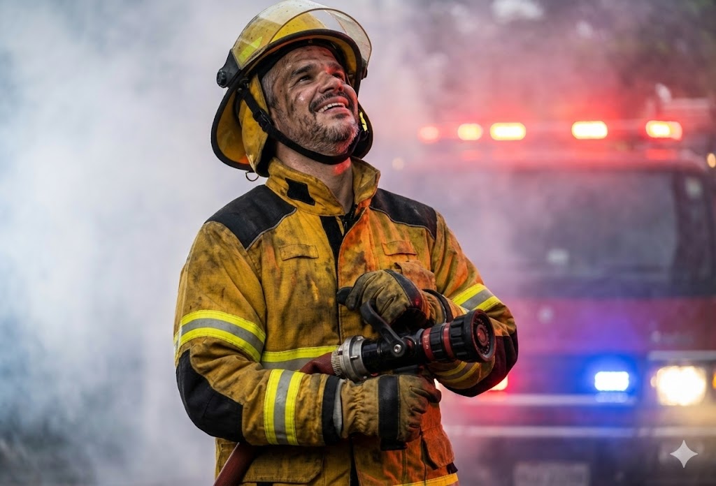 Bombeiro com uniforme amarelo e capacete olha para cima em meio à fumaça, segurando mangueira diante de caminhão de incêndio com luzes de emergência ativadas.