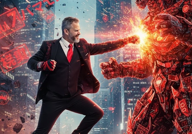 Paul & Jack aparece vestindo terno preto com gravata vermelha, em uma cena de ação cinematográfica onde desfere um soco luminoso contra um monstro gigante formado por dados e símbolos do mercado financeiro, em meio a uma cidade futurista em colapso.