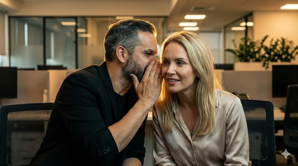 Duas pessoas sentadas em um escritório moderno; uma delas, vestida de preto, sussurra algo no ouvido da outra, que usa uma blusa clara.