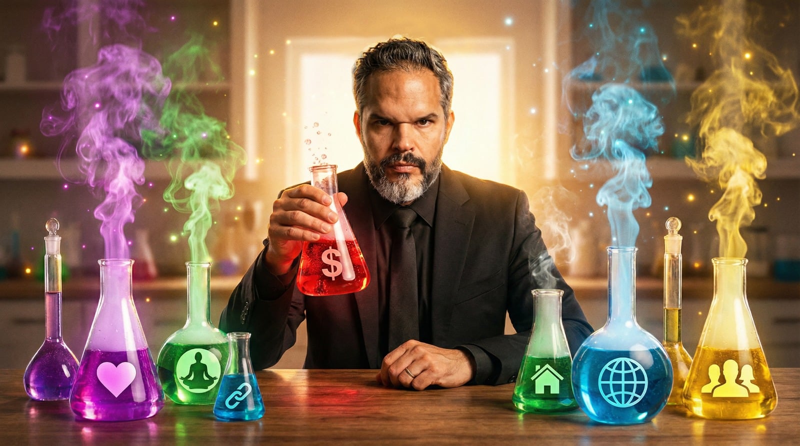 Homem com barba e cabelo grisalho, usando terno preto e gravata, posa como um cientista. Ele segura um balão de ensaio com um símbolo de dólar ($ ) em líquido vermelho borbulhante e fumaça vermelha subindo. A sua frente, sobre uma mesa de madeira rústica, estão outros balões de ensaio com líquidos e fumaças coloridas que representam conceitos como amor (coração roxo), meditação (figura em posição de lótus verde), conexões (elos azuis), casa/família (casa verde), mundo/global (globo azul) e equipe (silhueta de pessoas amarelo). O fundo é um cômodo com uma janela grande e luz forte, sugerindo um cenário de descoberta ou laboratório. O título da imagem é "O que ninguém tem coragem de dizer sobre equipes desmotivadas".