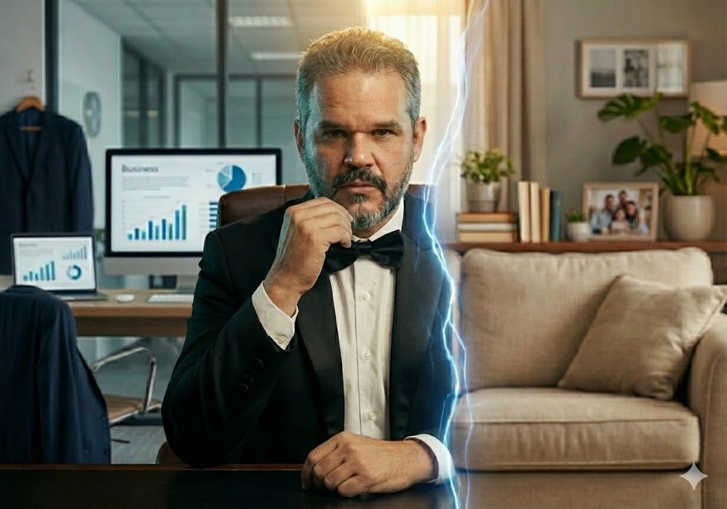 Um homem de meia-idade com cabelos grisalhos e barba, vestindo um smoking preto, sentado em uma mesa dividida por um raio brilhante. O lado esquerdo é um escritório com computadores mostrando gráficos de negócios, e o lado direito é uma sala de estar com um sofá bege e uma foto de família.