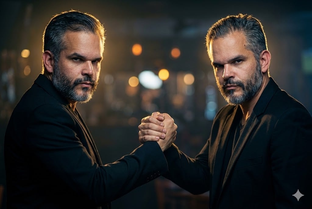 Retrato cinematográfico de dois homens idênticos de meia-idade e barba grisalha, em um aperto de mão firme e olhando seriamente para a câmera. Eles vestem blazers pretos e a iluminação dramática destaca suas feições contra um fundo de bar escuro e desfocado com luzes bokeh.