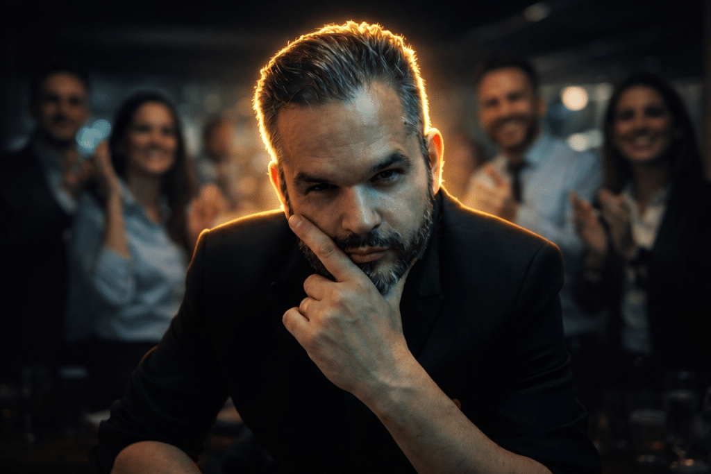 Retrato ultra realista de homem em destaque, com expressão confiante e estratégica, iluminação cinematográfica com contraluz quente formando halo dourado no cabelo e luz fria no rosto, equipe de trabalho feliz e produtiva ao fundo, ambiente profissional de alta performance.