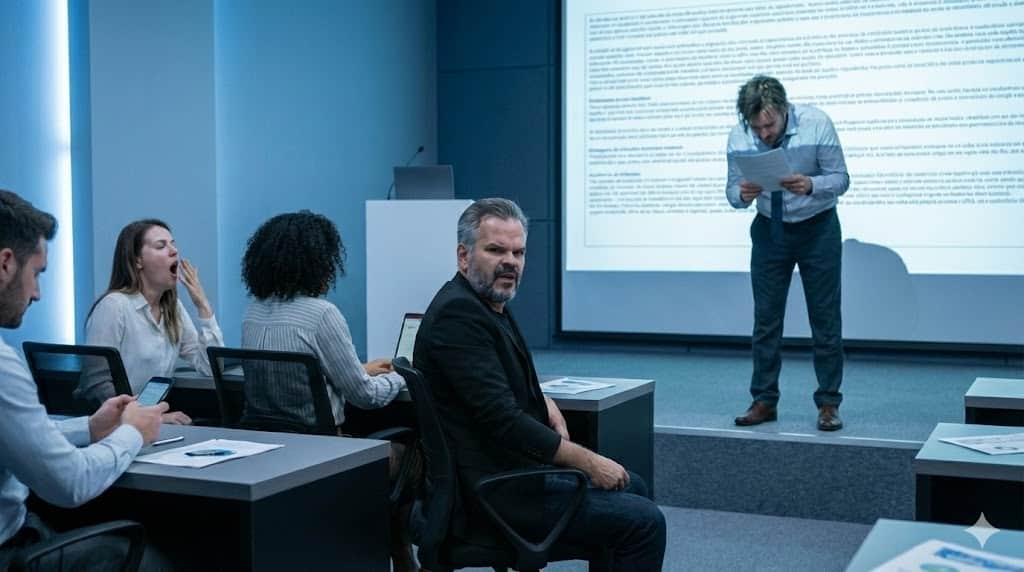 Apresentador lê um documento diante de público desatento em sala moderna; alguns bocejam, usam celular ou demonstram tédio, enquanto tela exibe slide denso e pouco legível.