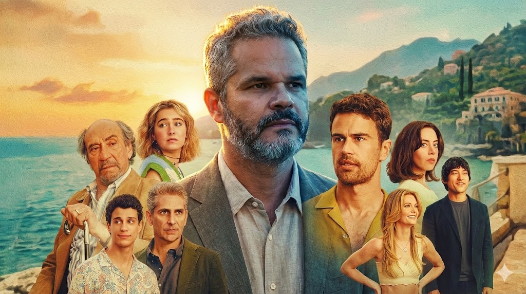 Grupo de pessoas em cenário litorâneo sofisticado, com um homem ao centro em destaque e expressões tensas ao redor, simbolizando conflitos humanos, liderança e performance emocional sob pressão, inspirado na série The White Lotus.