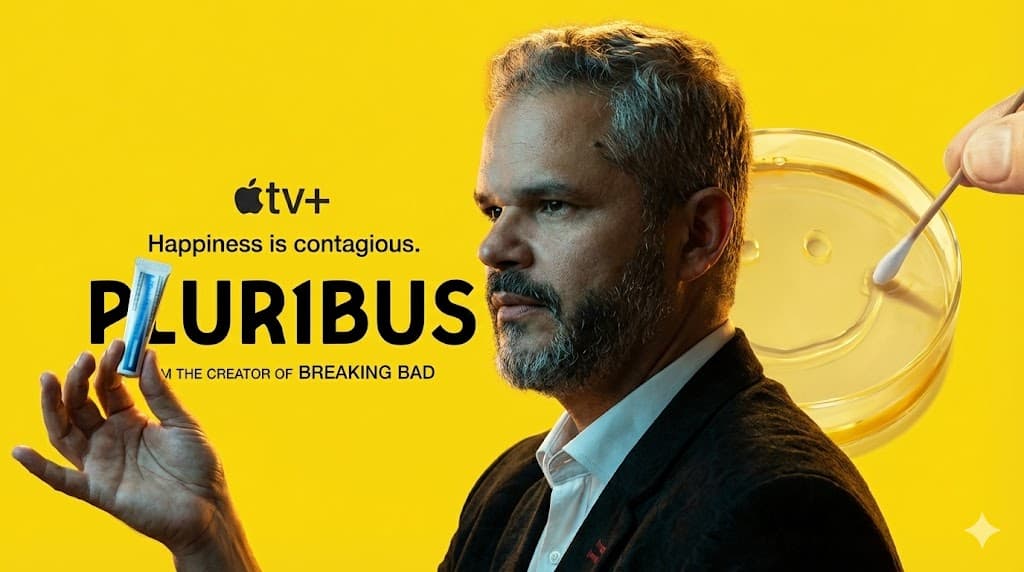 Homem segura um tubo de ensaio diante de fundo amarelo com o logotipo da Apple TV+ e o título “PLUR1BUS”, série de ficção científica.