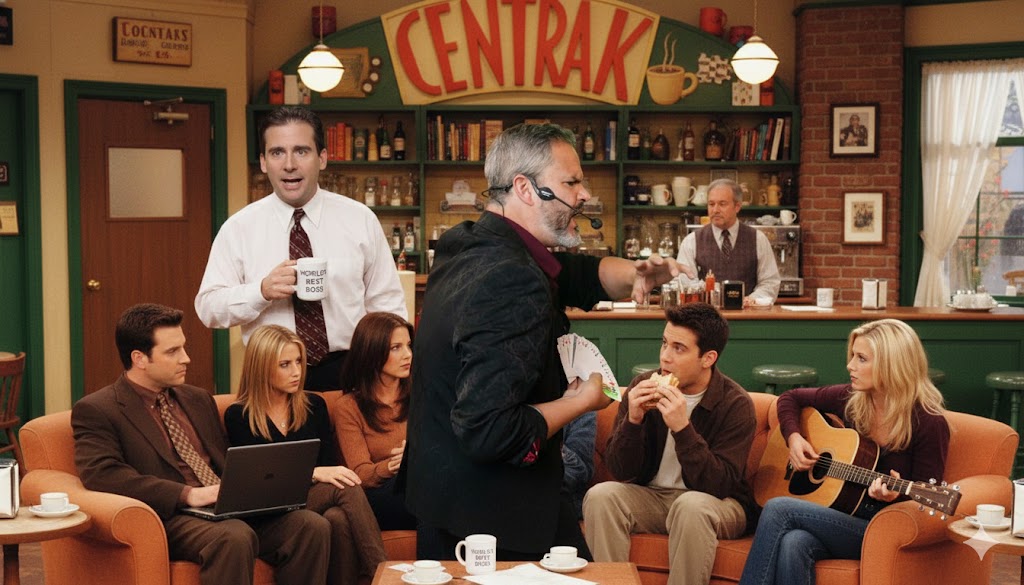 Homem de meia-idade em primeiro plano, de perfil, usando microfone headset e realizando um truque de cartas, enquanto os personagens da série Friends estão sentados no sofá do café Central Perk, observando a cena em um ambiente interno aconchegante.