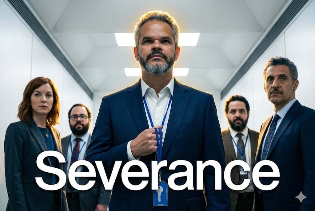 Executivo ao centro com crachá corporativo e equipe ao fundo em ambiente corporativo minimalista, representando liderança, propósito e separação entre identidade pessoal e trabalho, inspirado na série Severance.