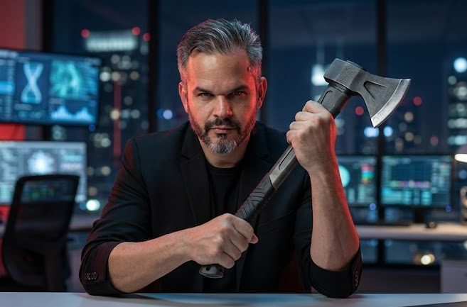 Homem de cabelos grisalhos e barba sentado em escritório moderno à noite, segurando um machado tático com expressão séria; ao fundo, monitores exibem gráficos e modelos digitais, com iluminação dramática em tons de vermelho e azul.